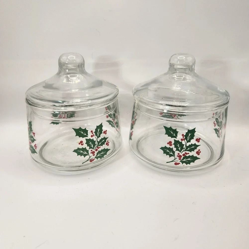 Vintage Christmas Holly Berry Glass Canister Set of 2 Holiday Candy Jars Lids